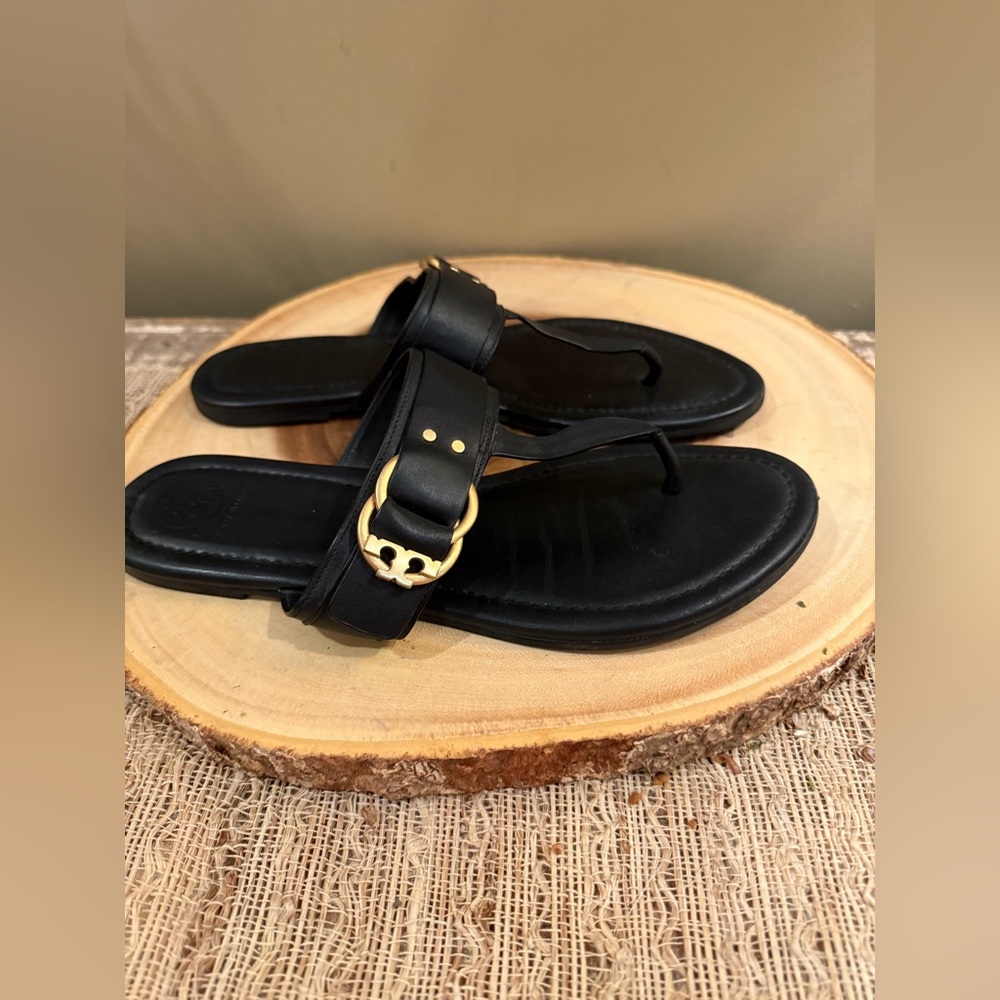 Tory Burch Marsden Flat Thong Sandal Black‎ Calf Leather Gold Logo Size 8M 258$
